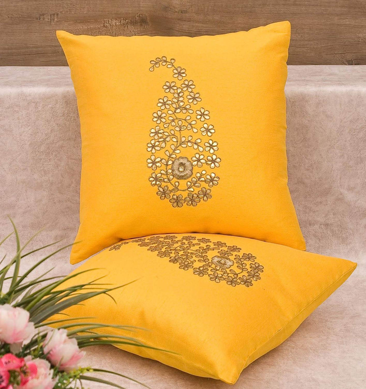 Pack of 2 Decorative Embroidered Square Cushion - Yellow