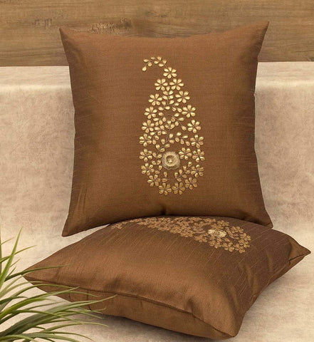 Pack of 2 Decorative Embroidered Square Cushion - Brown