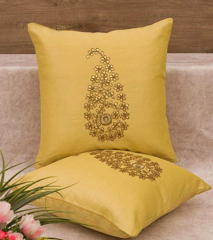 Pack of 2 Decorative Embroidered Square Cushion - Mustard