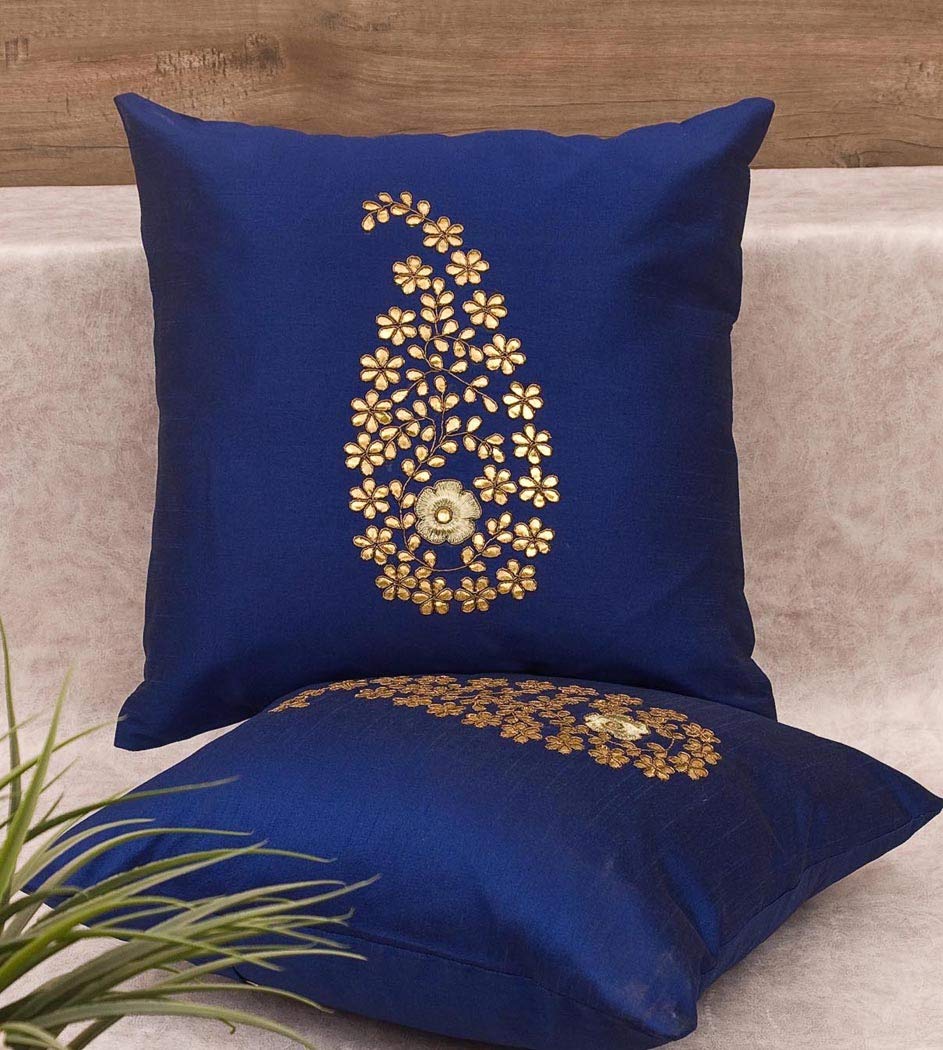 Pack of 2 Decorative Embroidered Square Cushion - Blue