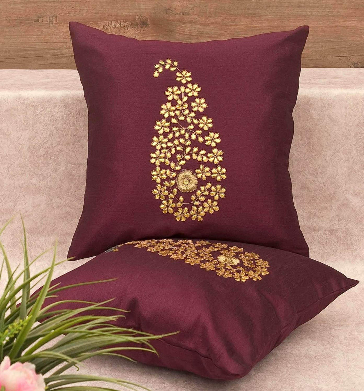Pack of 2 Decorative Embroidered Square Cushion - Dark Burgundy