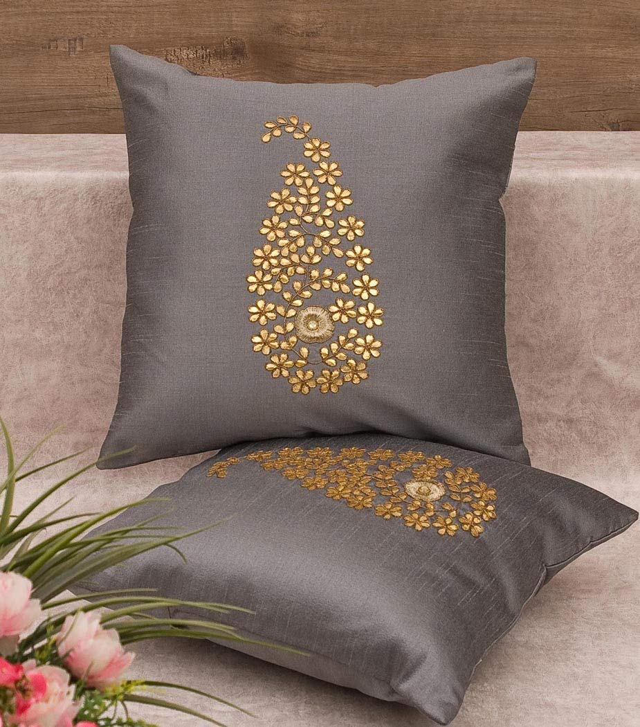Pack of 2 Decorative Embroidered Square Cushion - Grey
