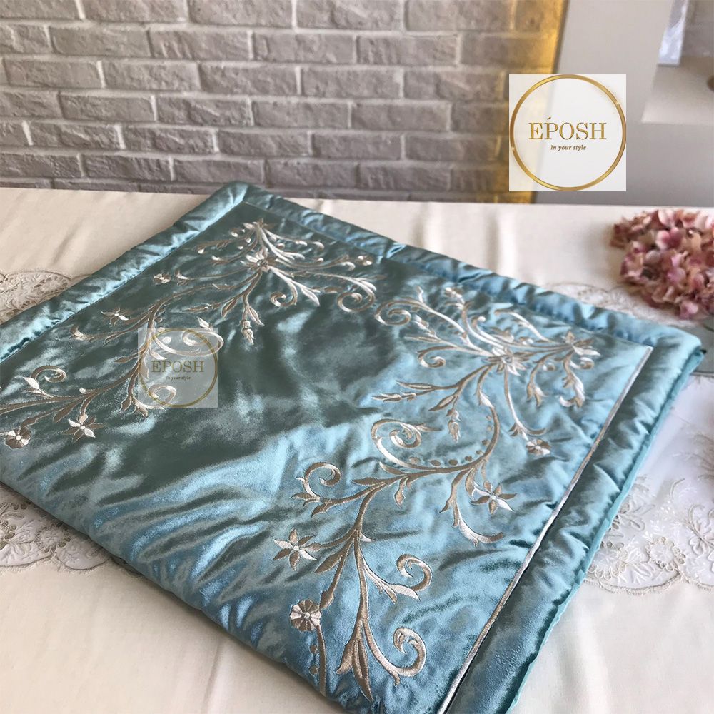 Velvet Embroidered Prayer Mat - Slate Blue
