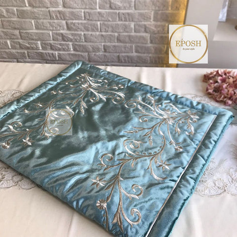 Velvet Embroidered Prayer Mat - Slate Blue