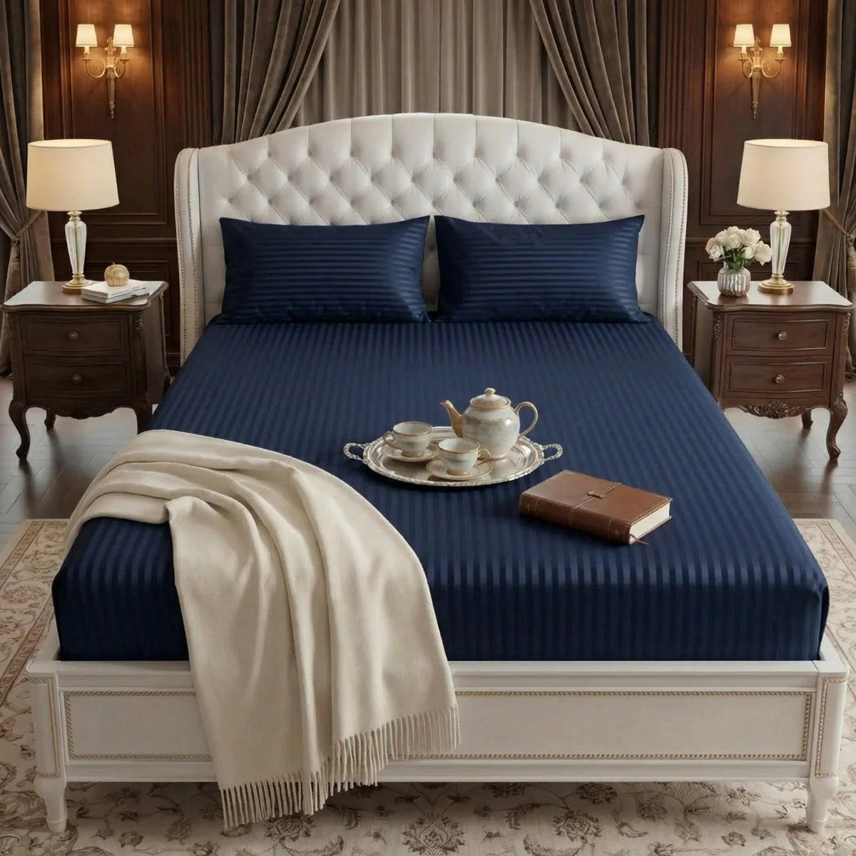 Satin Stripe Fitted Sheet - Deep Blue
