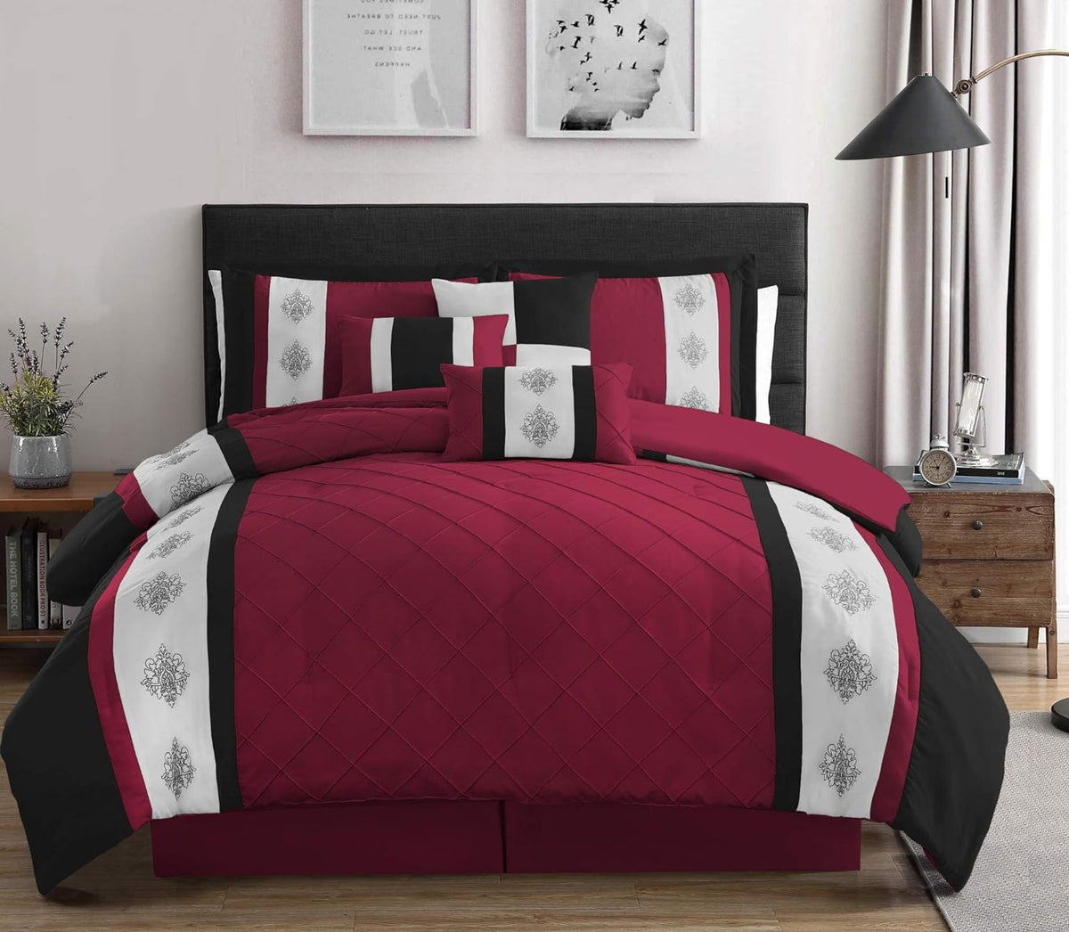 Embroidered Pleated Duvet Set - Maroon and Black