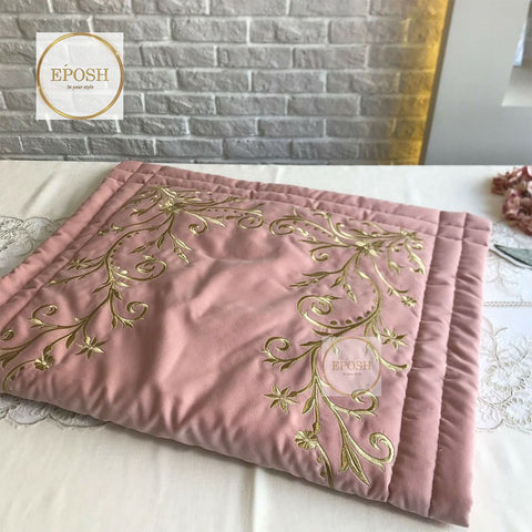Velvet Embroidered Prayer Mat - Peach