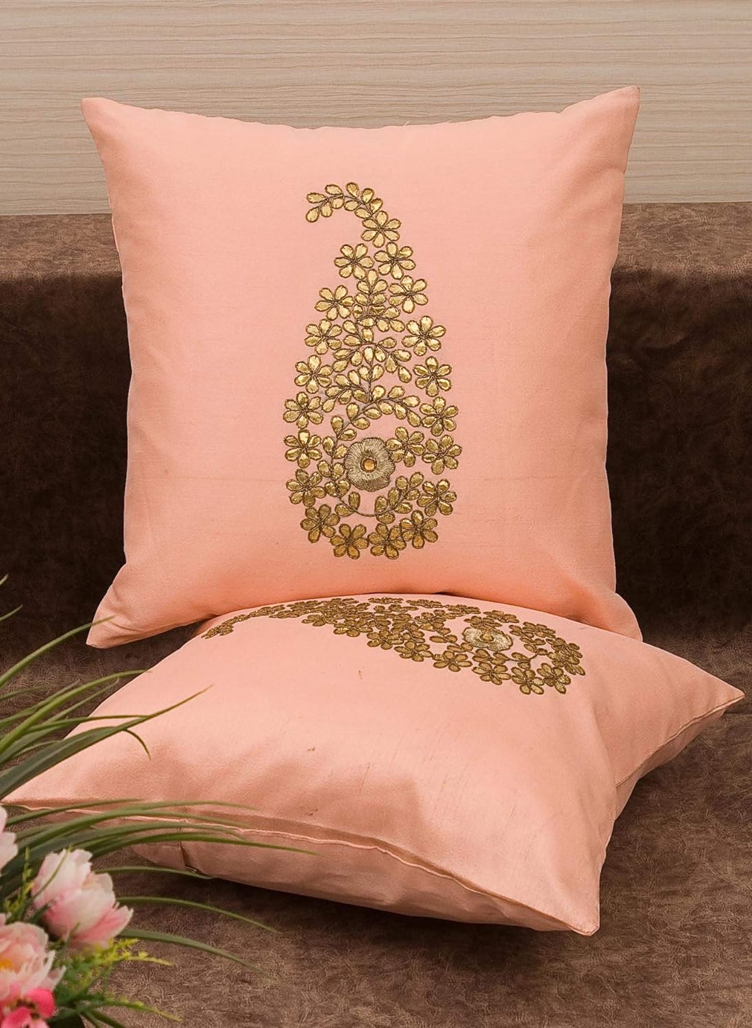 Pack of 2 Decorative Embroidered Square Cushion - Peach