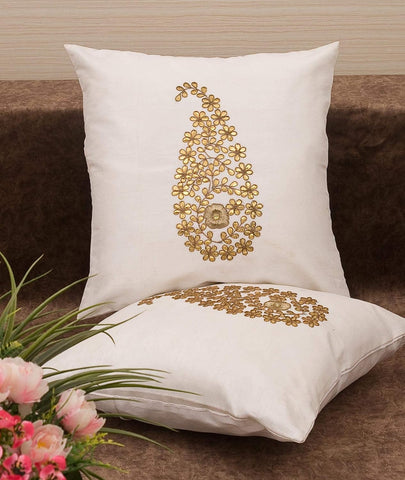 Pack of 2 Decorative Embroidered Square Cushion - White