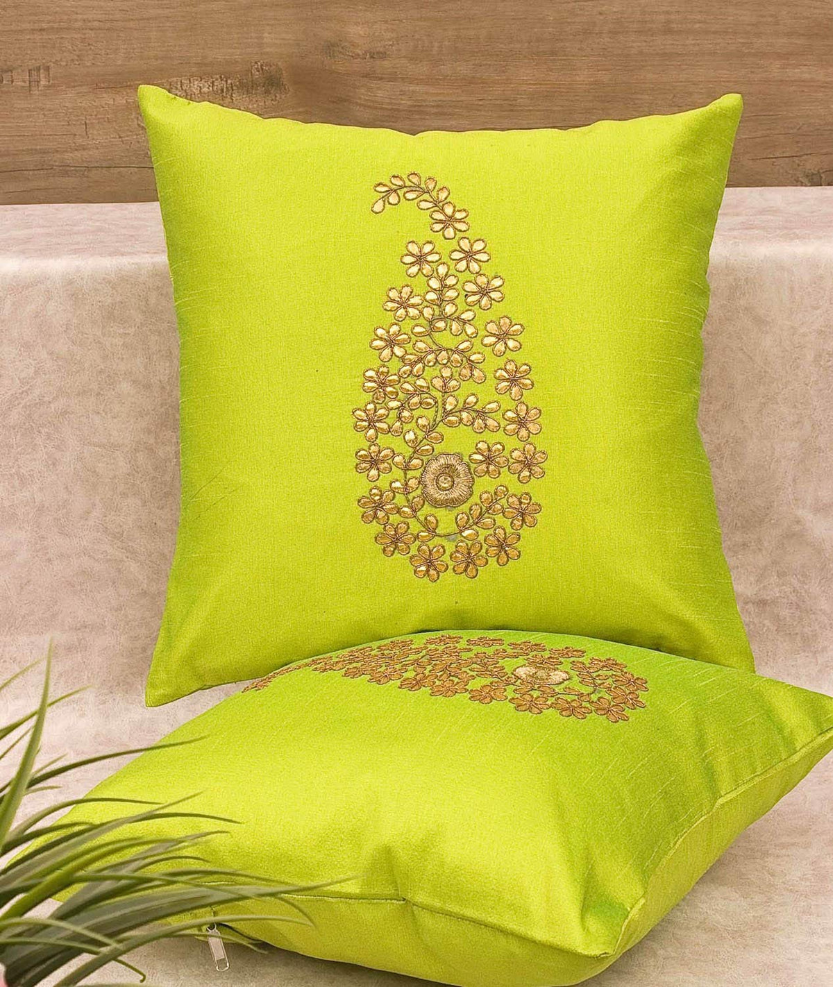 Pack of 2 Decorative Embroidered Square Cushion - Neon Yellow