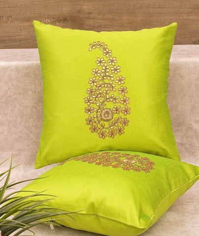 Pack of 2 Decorative Embroidered Square Cushion - Neon Yellow