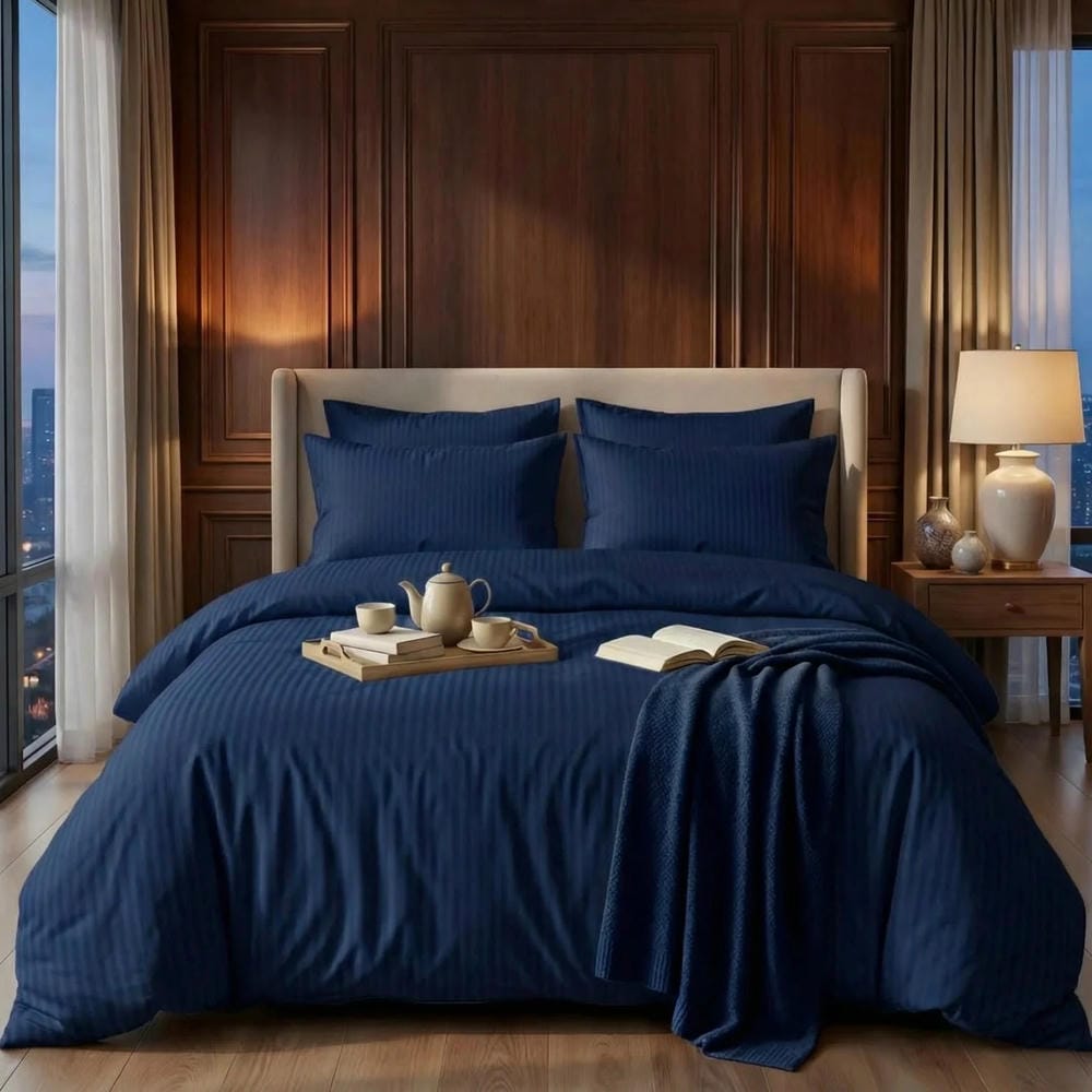 Luxury Satin Stripe Duvet set - Navy Blue