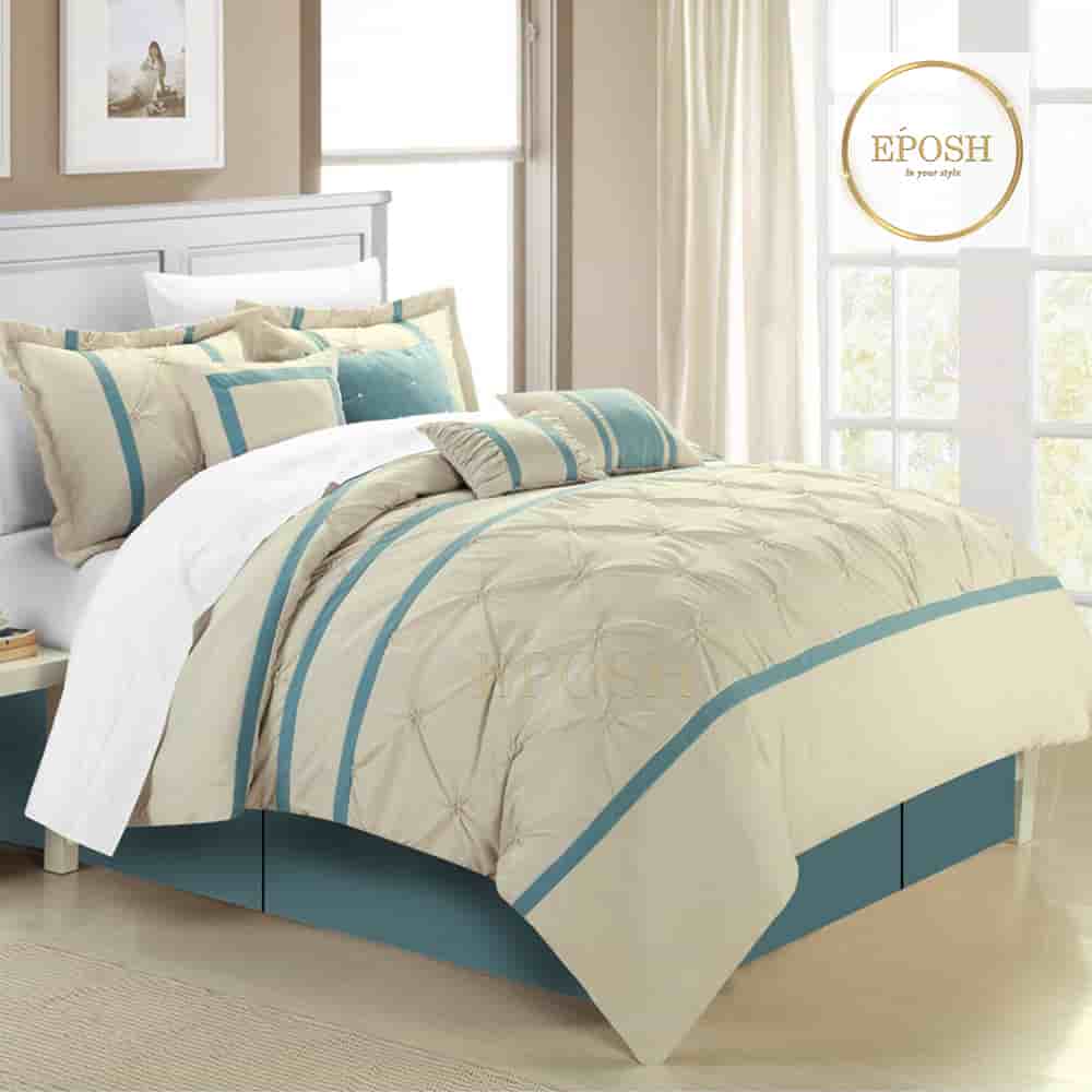 Luxury Pintucks Pleated Duvet Set - Beige & Teal
