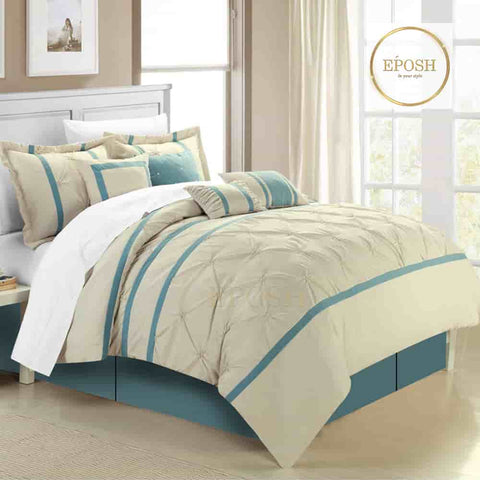 Luxury Pintucks Pleated Duvet Set - Beige & Teal