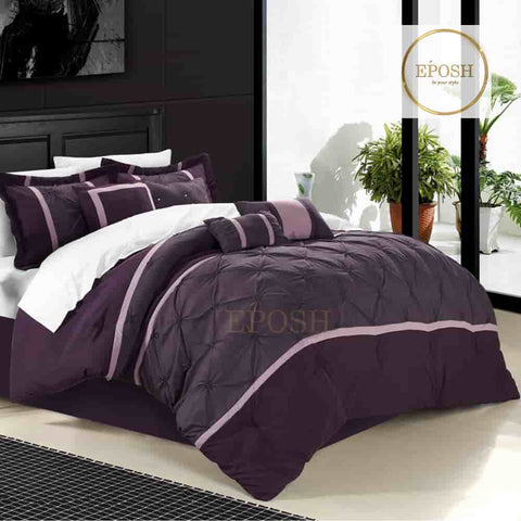 Luxury Pintucks Pleated Duvet Set - Plum & White