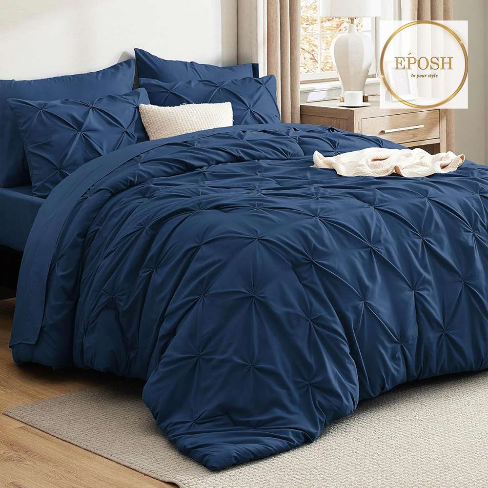 Diamond Pintucks Duvet Set - Navy Blue