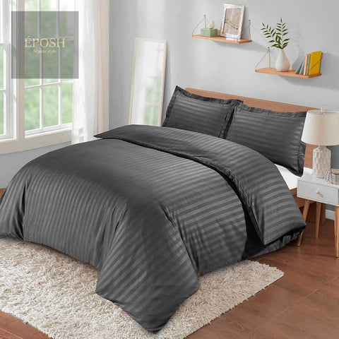 Luxury Satin Stripe Duvet Set - Charcoal Grey