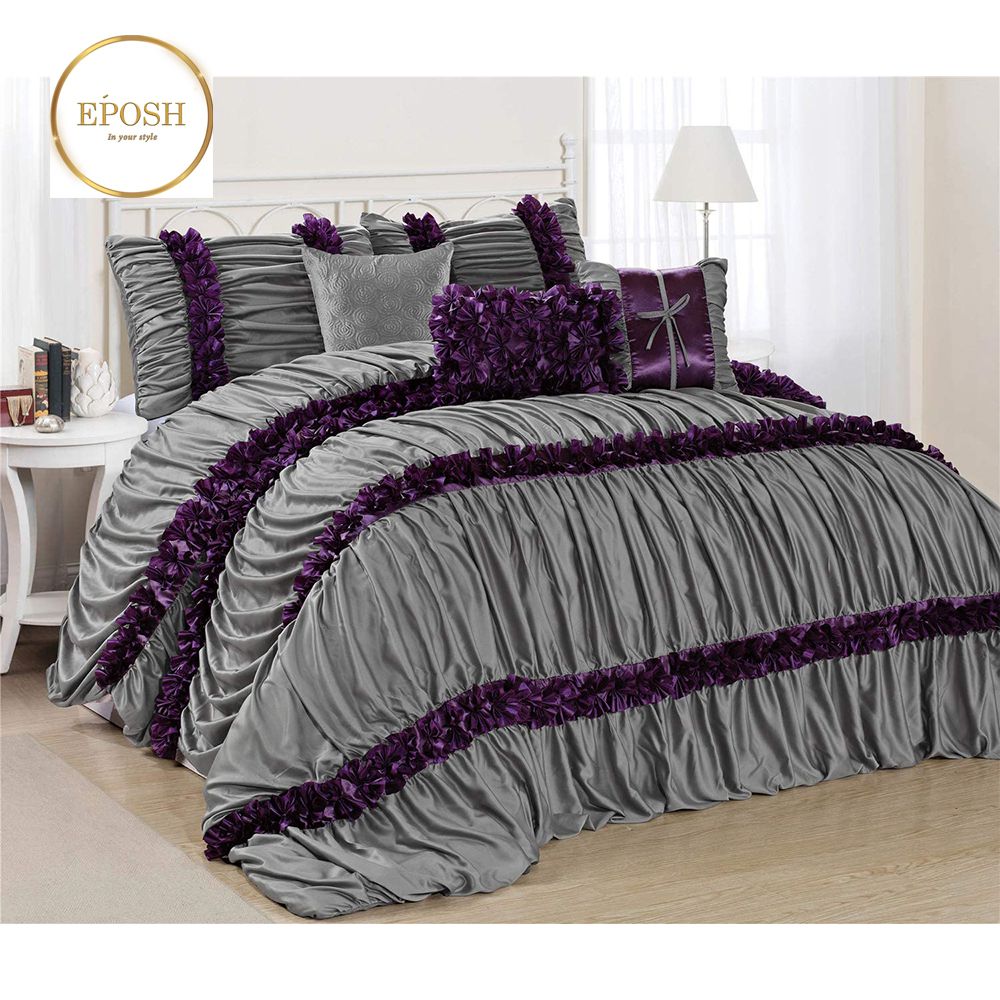 Grey/Purple Elegant Bridal Quilt Set - 12 Pieces with Free Quilt Filling