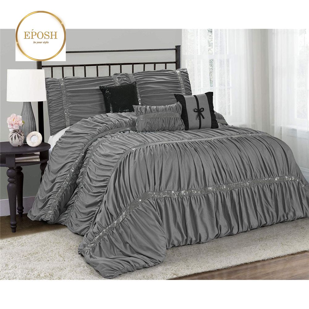 Elegant Bridal Quilt Set Grey- 12 Pieces with Free Quilt Filling