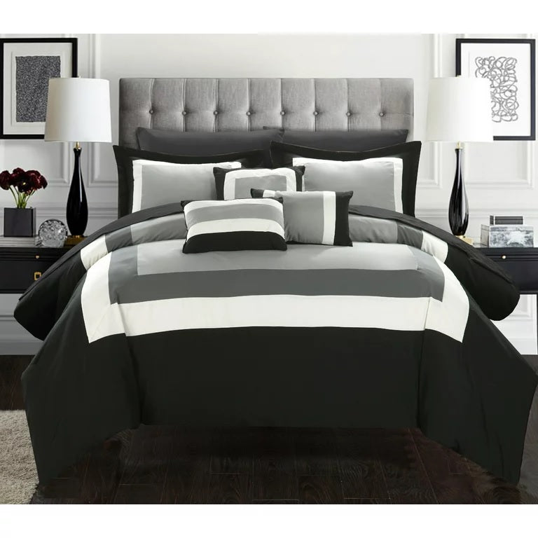 Embellish Patch Pleated Duvet Set - Black & Grey