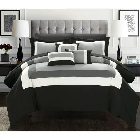 Embellish Patch Pleated Duvet Set - Black & Grey
