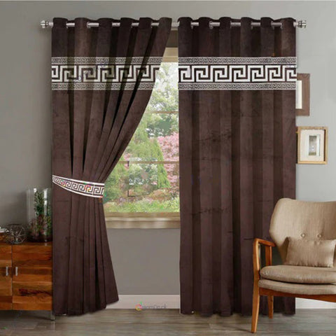 2 Pieces Luxury Velvet Curtain Panels with 2 belts-Brown/White