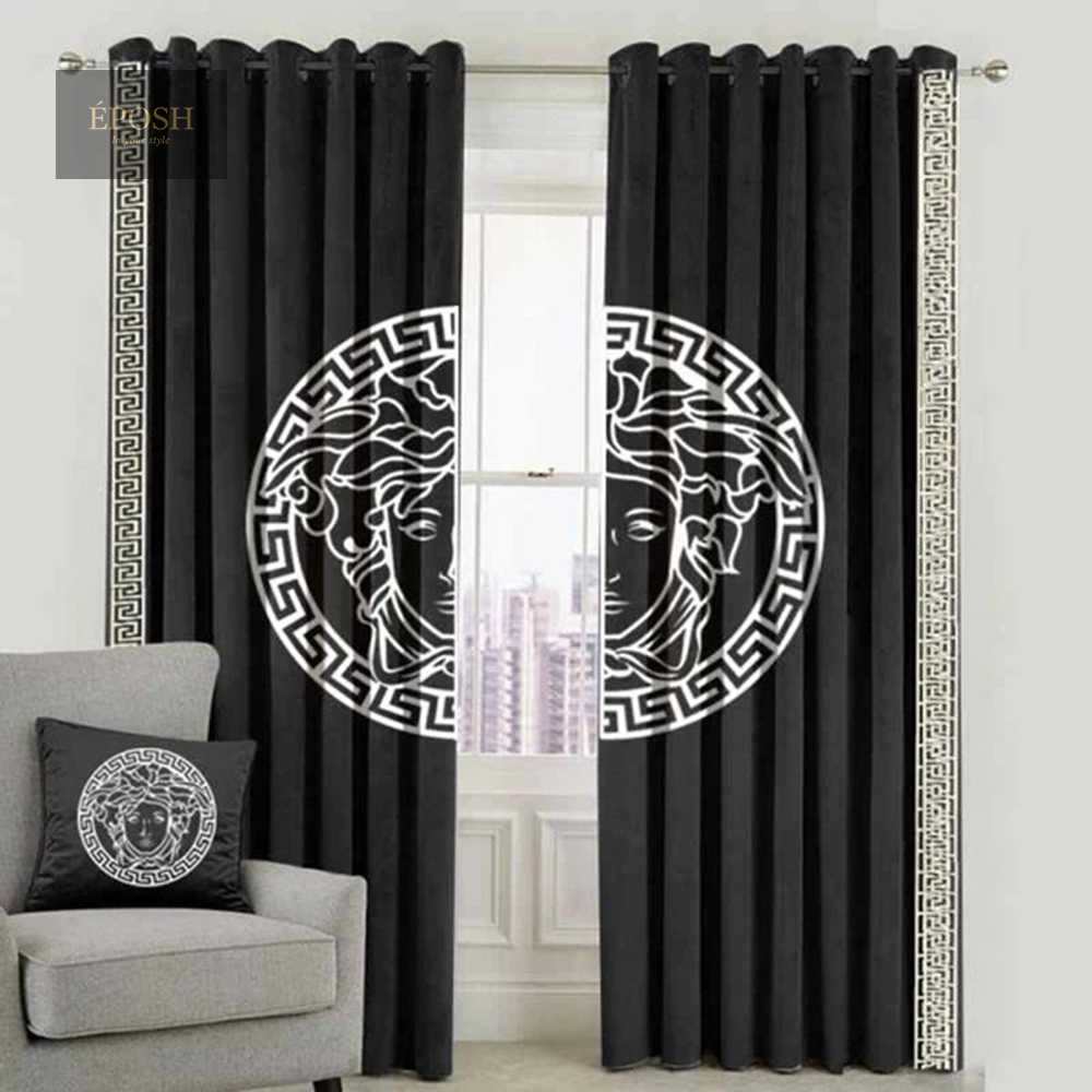 Versace Design Pair Of Velvet Curtains - Black & White