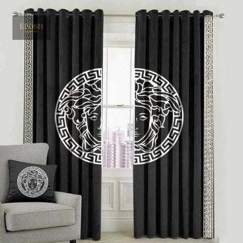 Versace Design Pair Of Velvet Curtains - Black & White