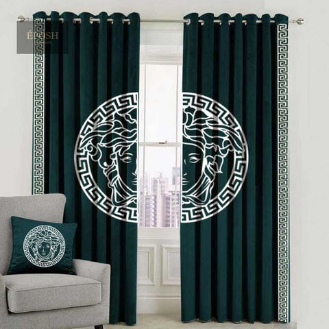 Versace Design Pair Of Velvet Curtains - Green & White