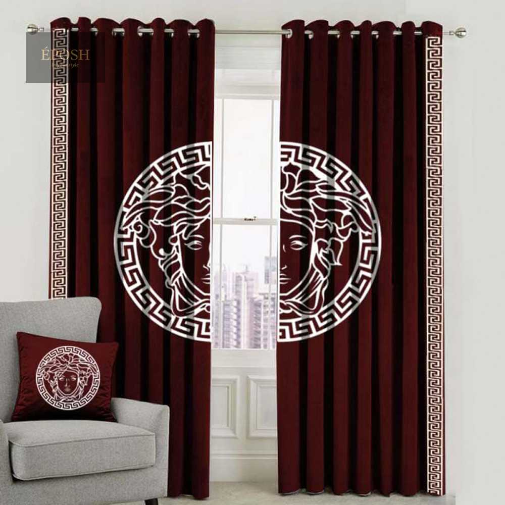 Versace Design Pair Of Velvet Curtains - Maroon & White