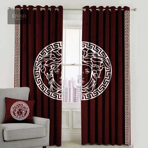 Versace Design Pair Of Velvet Curtains - Maroon & White