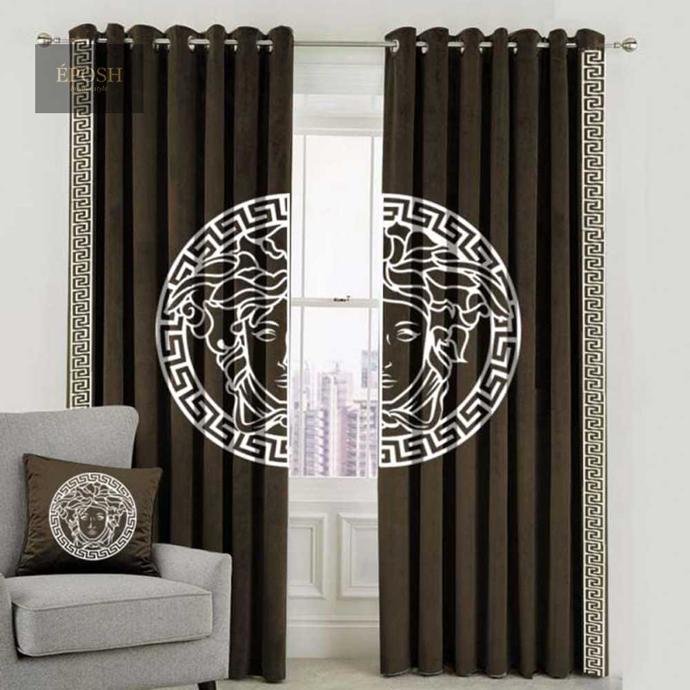 Versace Design Pair Of Velvet Curtains - Brown & White