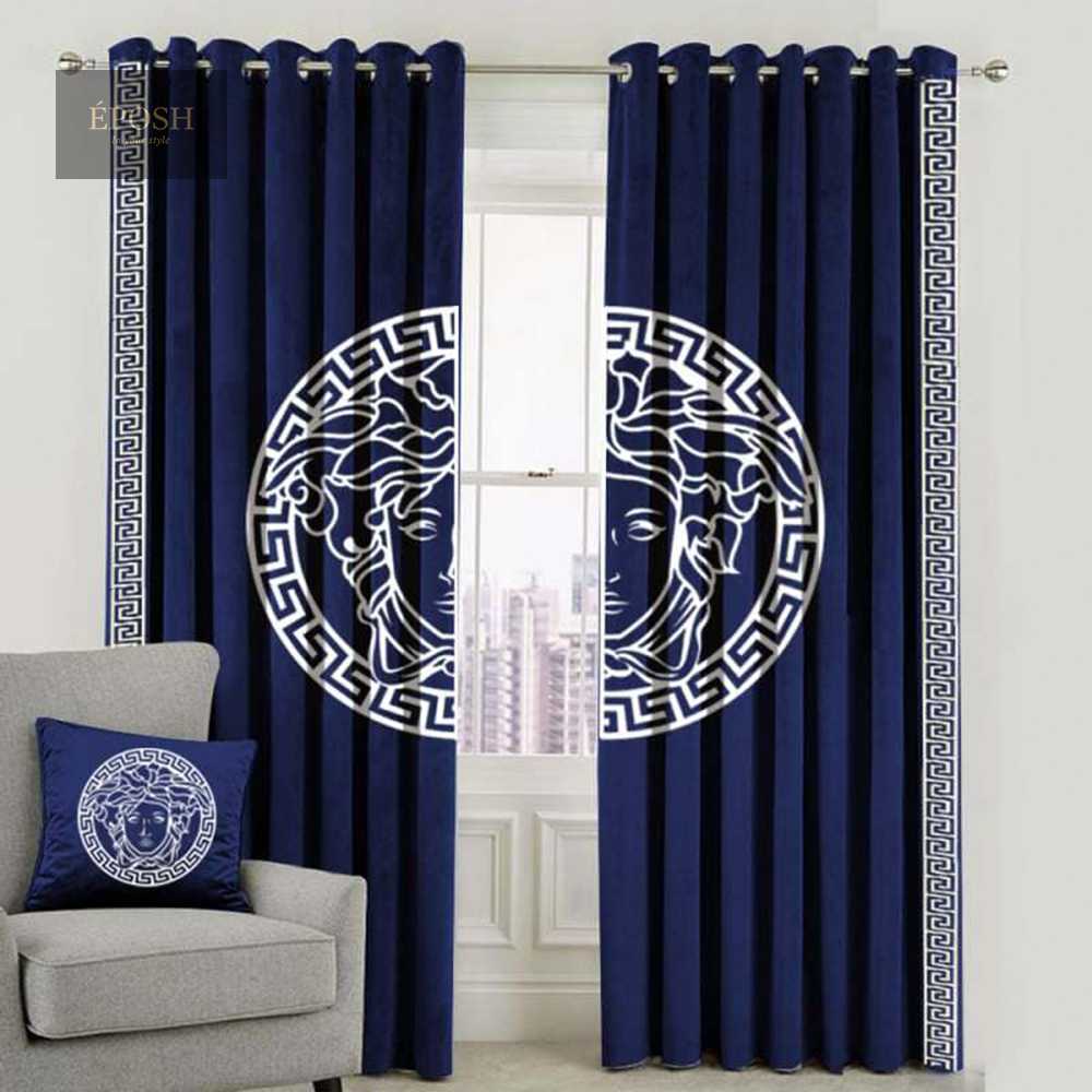 Versace Design Pair Of Velvet Curtains - Blue & White
