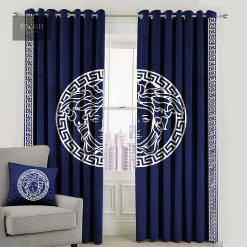 Versace Design Pair Of Velvet Curtains - Blue & White