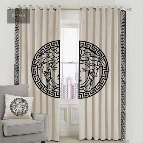 Versace Design Pair Of Velvet Curtains - Off White & Black
