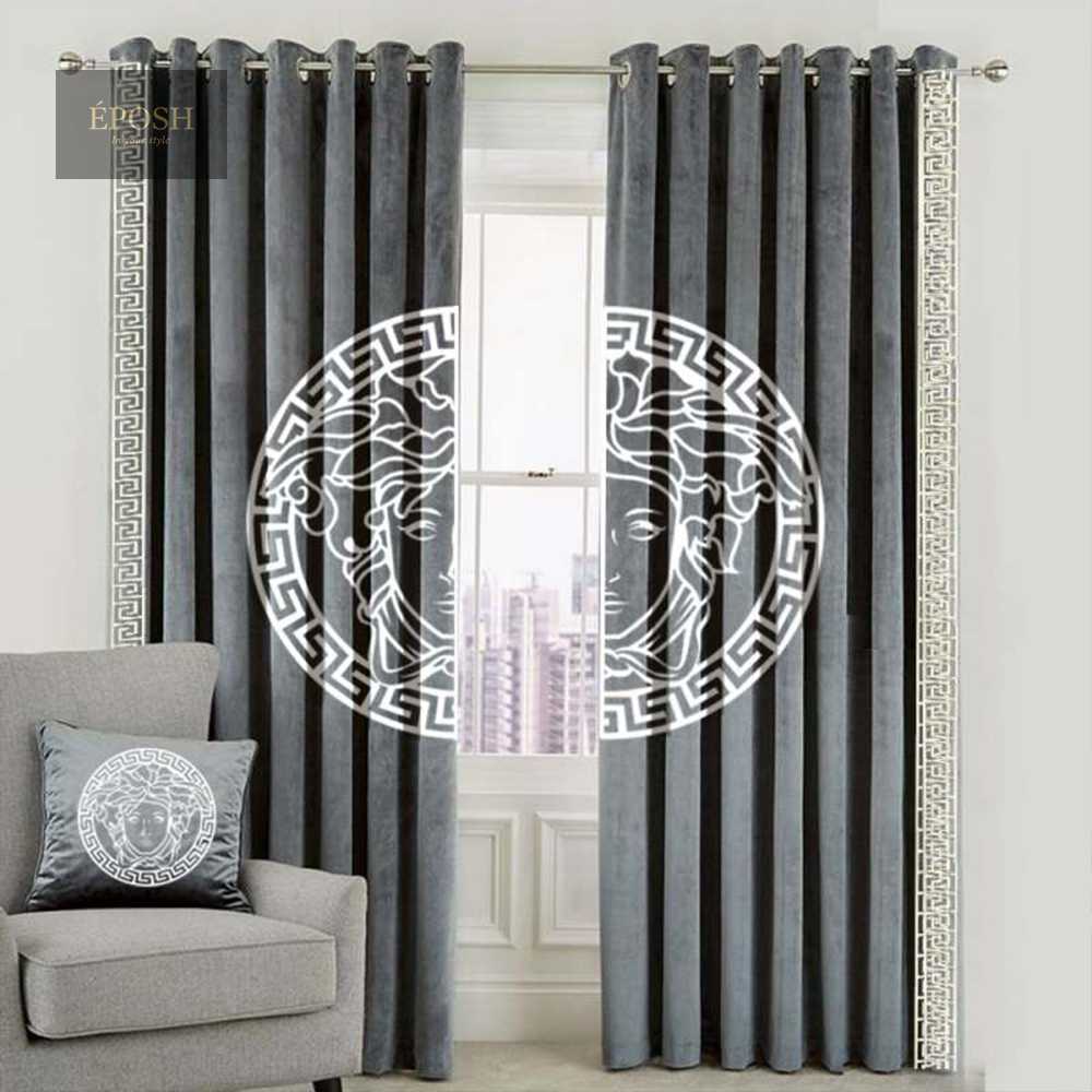 Versace Design Pair Of Velvet Curtains - Grey & White