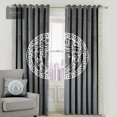 Versace Design Pair Of Velvet Curtains - Grey & White