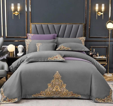 Mariana Centred Embroidered Motif Duvet Cover Set - Grey