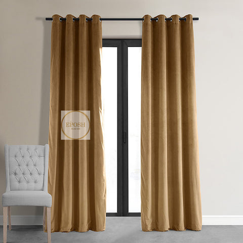 2 Pieces Plain Dyed Velvet Eyelet Curtains - Camel