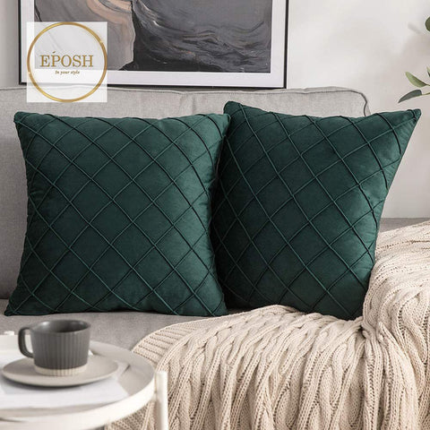 Pack of 2 Velvet Decorative Pleated Square Cushion - Dark Green
