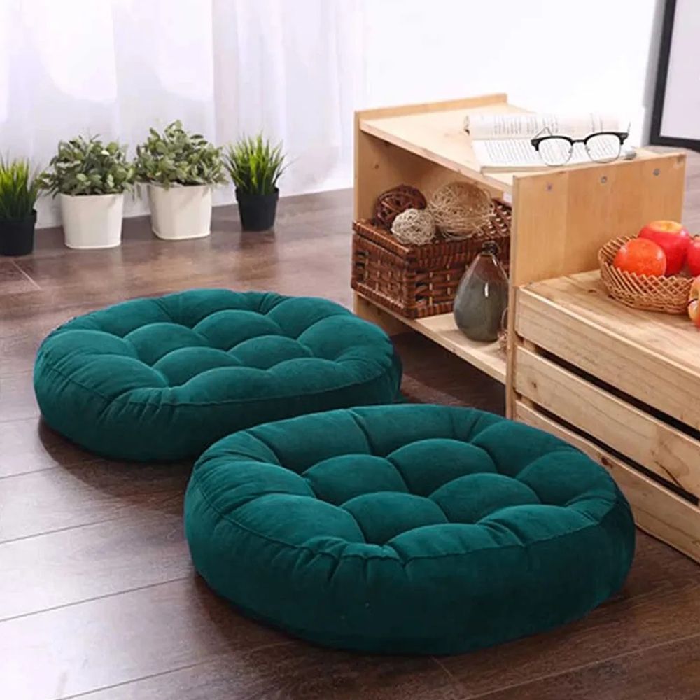 Pack of 2 Round Shape Floor Cushions - Dark Green