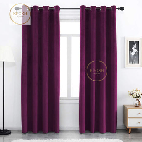 2 Pieces Plain Dyed Velvet Eyelet Curtains-Dark Purple
