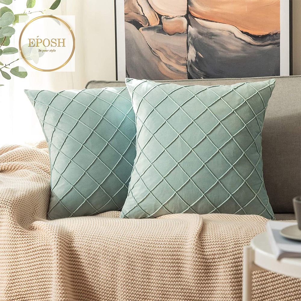 Pack of 2 Velvet Decorative Pleated Square Cushion - Duck Egg