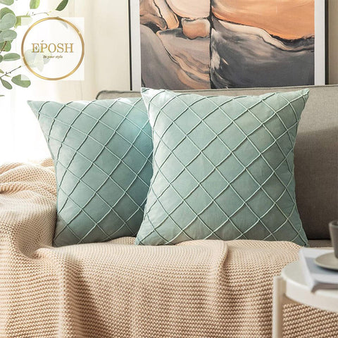 Pack of 2 Velvet Decorative Pleated Square Cushion - Duck Egg