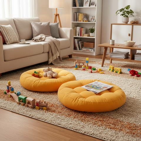 Pack of 2 Round Shape Floor Cushions - Yellow