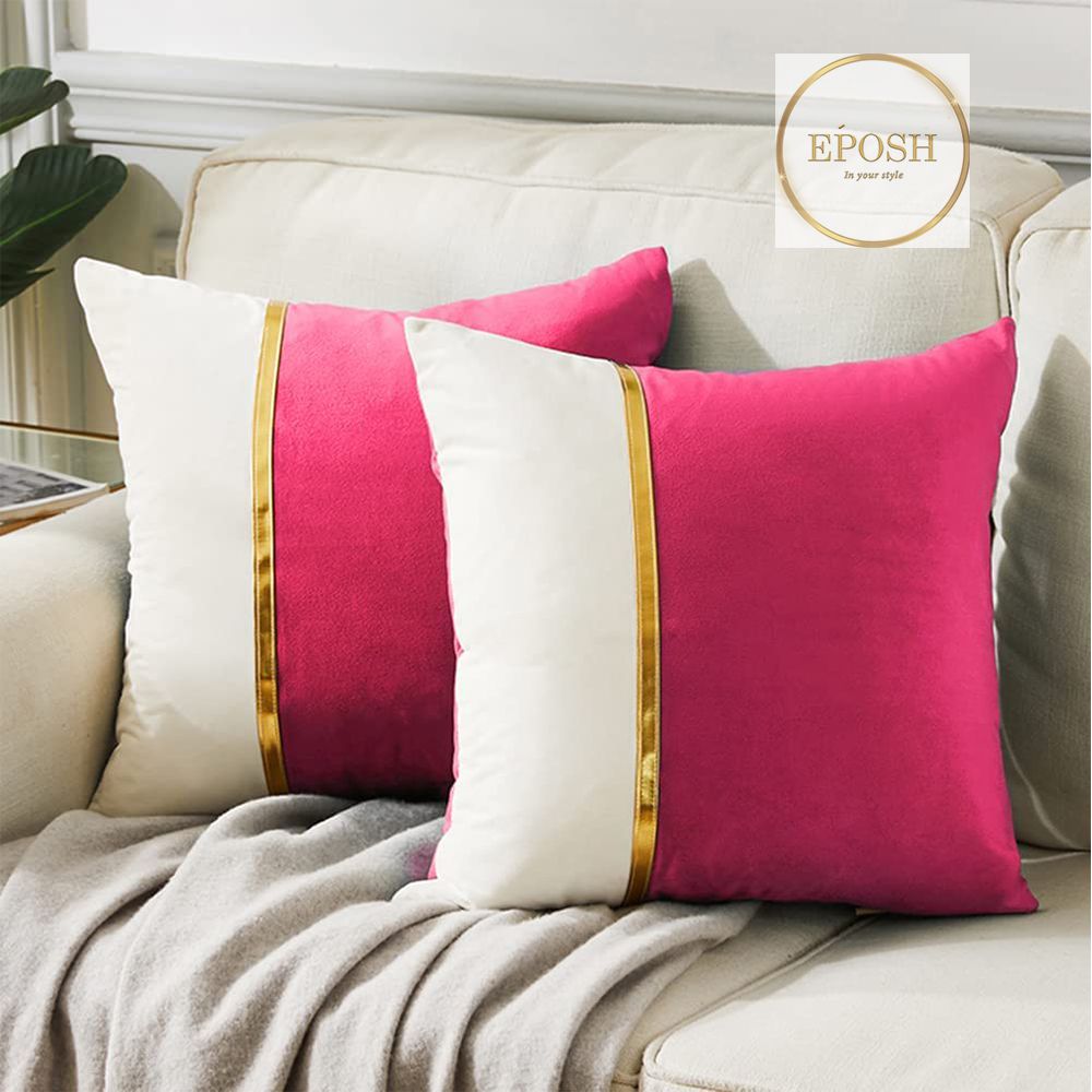 Pack of 2 Velvet Decorative Square Cushion - Hot Pink and White