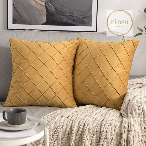 Pack of 2 Velvet Decorative Pleated Square Cushion - Mustard