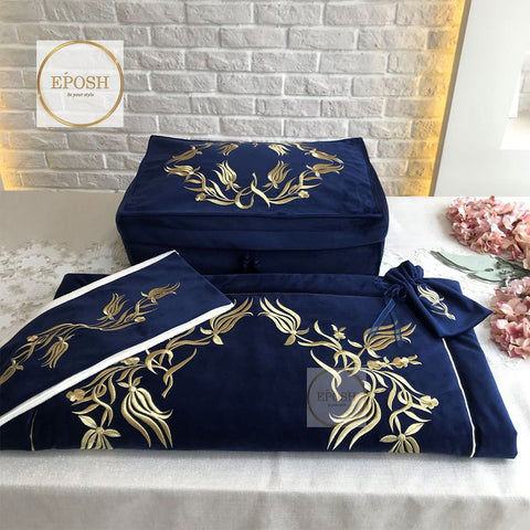 Islamic Prayer Mat set - Navy Blue with Golden Embroidery