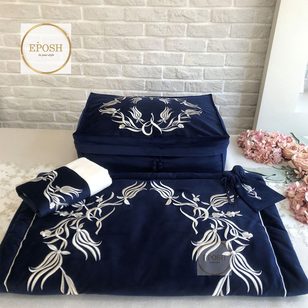 Islamic Prayer Mat set - Navy Blue with White Embroidery