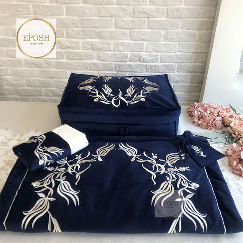 Islamic Prayer Mat set - Navy Blue with White Embroidery